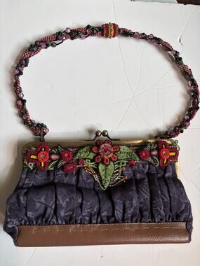 Mary Frances Floral Beaded Kiss Lock Frame Shoulder Bag Embroidered Boho Purse